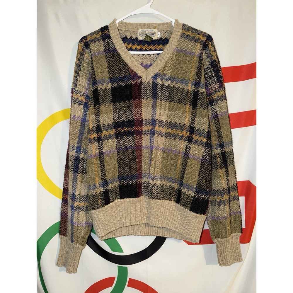 Vintage Britches Sweater Large Cotton Linen Blend Plaid 90s V Neck Knit Outdoors